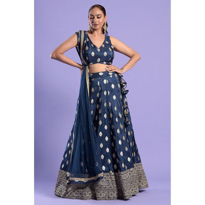 "Two Sisters" by Gyans Teal Banarasi Zari Blouse & Lehenga with Dupatta (Set of 3)