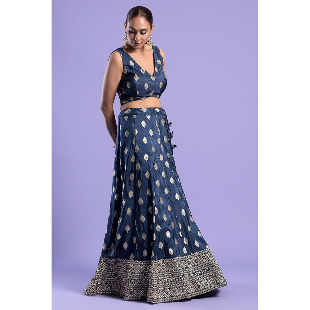 "Two Sisters" by Gyans Teal Banarasi Zari Blouse & Lehenga with Dupatta (Set of 3)