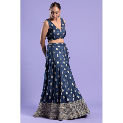 "Two Sisters" by Gyans Teal Banarasi Zari Blouse & Lehenga with Dupatta (Set of 3)