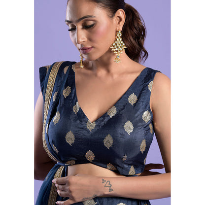 "Two Sisters" by Gyans Teal Banarasi Zari Blouse & Lehenga with Dupatta (Set of 3)