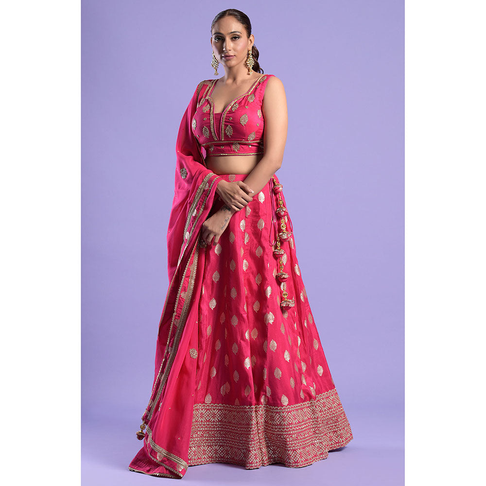 "Two Sisters" by Gyans Fuchsia Pink Banarasi Zari Blouse & Lehenga with Dupatta (Set of 3)