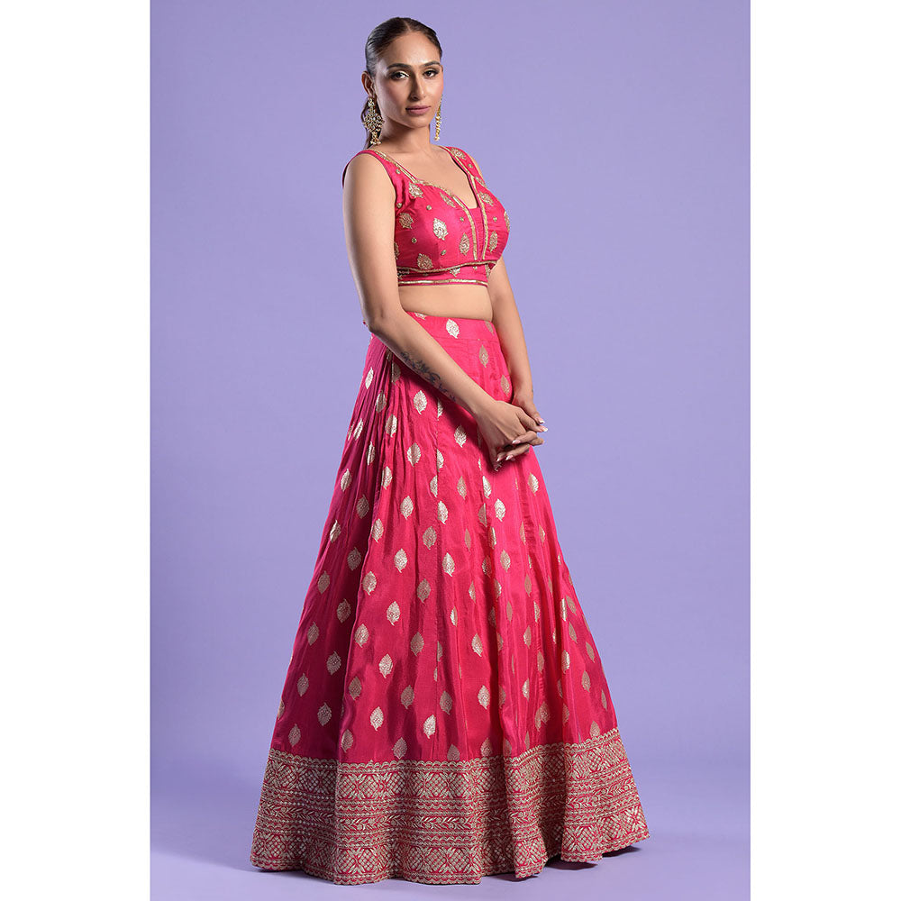 "Two Sisters" by Gyans Fuchsia Pink Banarasi Zari Blouse & Lehenga with Dupatta (Set of 3)