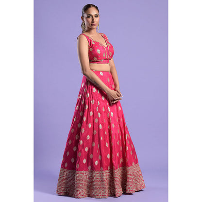 "Two Sisters" by Gyans Fuchsia Pink Banarasi Zari Blouse & Lehenga with Dupatta (Set of 3)