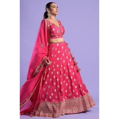 "Two Sisters" by Gyans Fuchsia Pink Banarasi Zari Blouse & Lehenga with Dupatta (Set of 3)