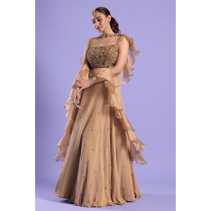 "Two Sisters" by Gyans Gold Georgette Jewelled Blouse & Lehenga with Dupatta (Set of 3)