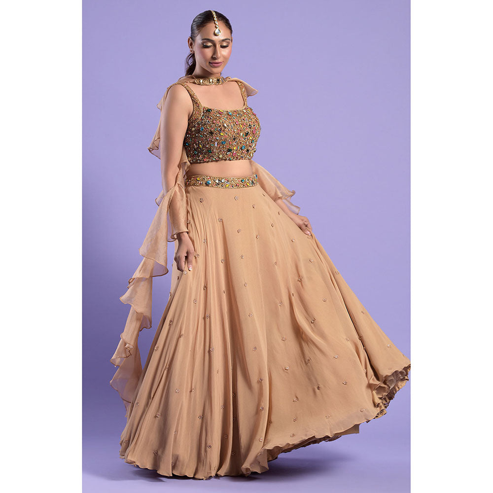 "Two Sisters" by Gyans Gold Georgette Jewelled Blouse & Lehenga with Dupatta (Set of 3)