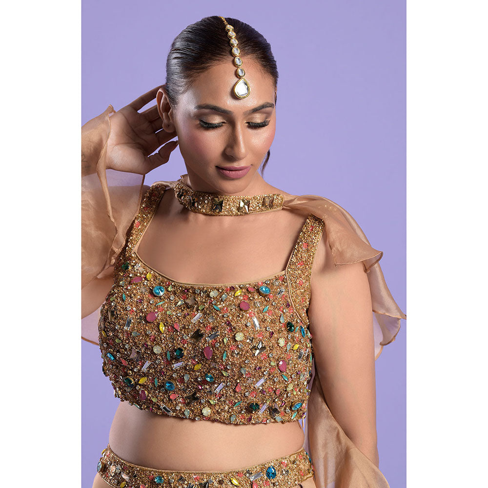 "Two Sisters" by Gyans Gold Georgette Jewelled Blouse & Lehenga with Dupatta (Set of 3)