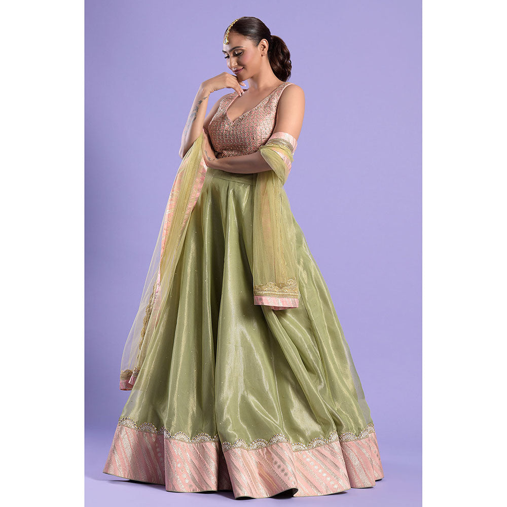 "Two Sisters" by Gyans Pink & Green Gota Patti & Zari Blouse & Lehenga with Dupatta (Set of 3)