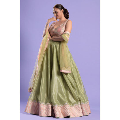 "Two Sisters" by Gyans Pink & Green Gota Patti & Zari Blouse & Lehenga with Dupatta (Set of 3)