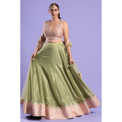 "Two Sisters" by Gyans Pink & Green Gota Patti & Zari Blouse & Lehenga with Dupatta (Set of 3)