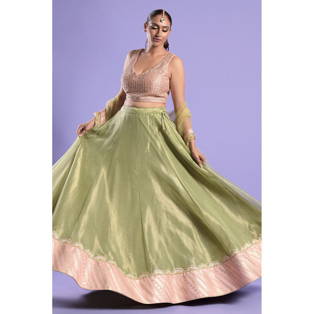 "Two Sisters" by Gyans Pink & Green Gota Patti & Zari Blouse & Lehenga with Dupatta (Set of 3)