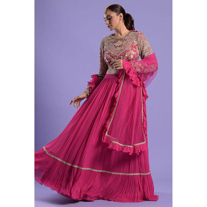 "Two Sisters" by Gyans Fuchsia Pink Embellished Blouse & Lehenga with Dupatta (Set of 3)
