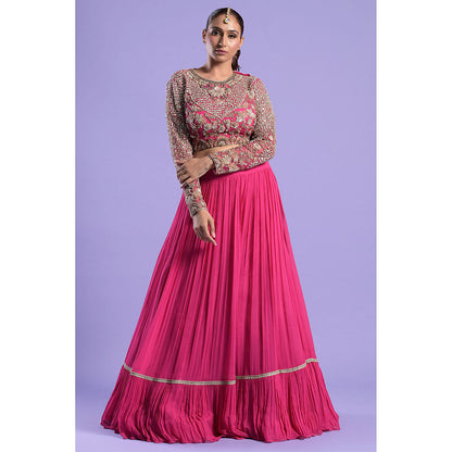 "Two Sisters" by Gyans Fuchsia Pink Embellished Blouse & Lehenga with Dupatta (Set of 3)