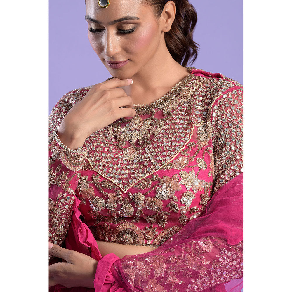 "Two Sisters" by Gyans Fuchsia Pink Embellished Blouse & Lehenga with Dupatta (Set of 3)