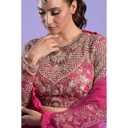 "Two Sisters" by Gyans Fuchsia Pink Embellished Blouse & Lehenga with Dupatta (Set of 3)