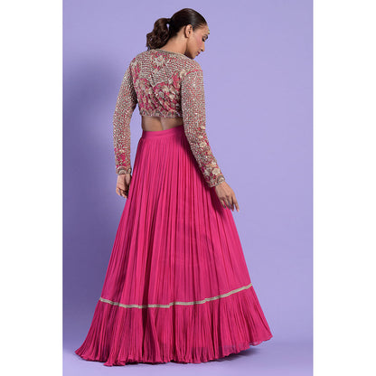 "Two Sisters" by Gyans Fuchsia Pink Embellished Blouse & Lehenga with Dupatta (Set of 3)