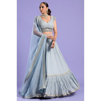 "Two Sisters" by Gyans Ice Blue & Silver Patra Blouse & Lehenga with Dupatta (Set of 3)
