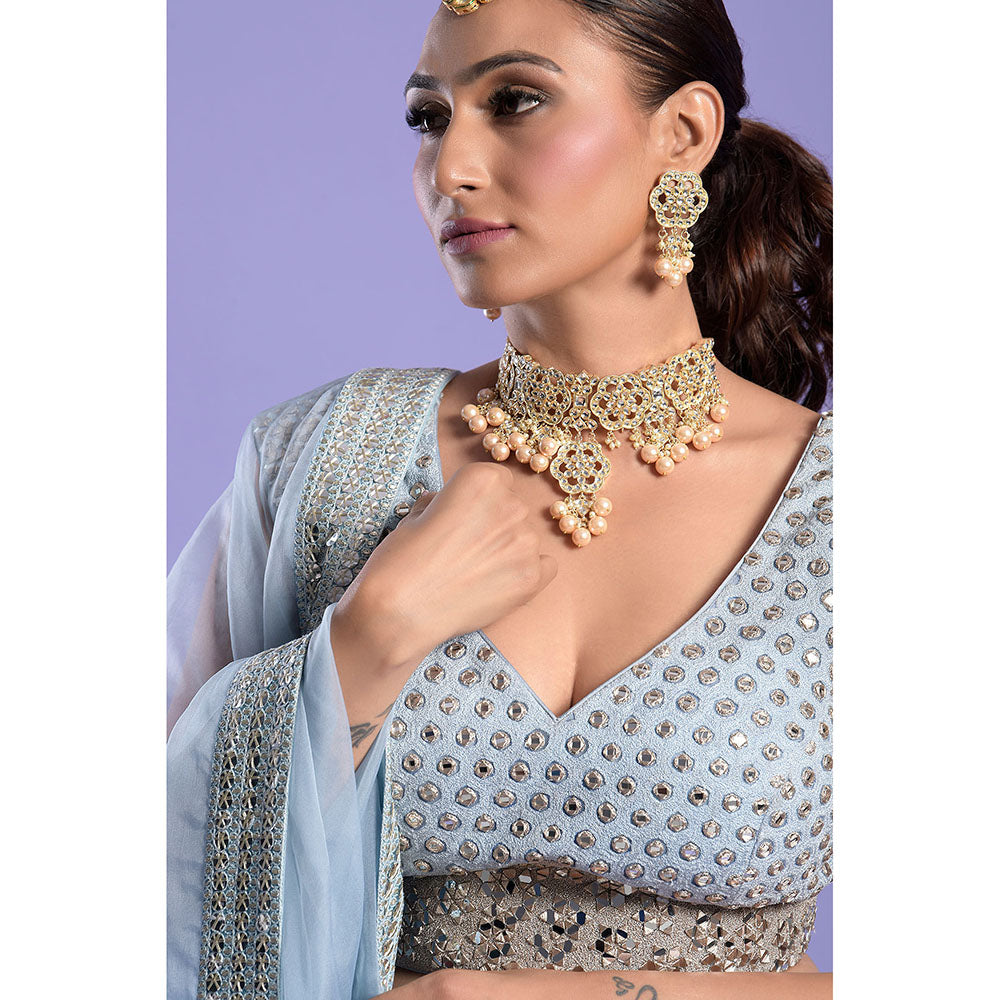 "Two Sisters" by Gyans Ice Blue & Silver Patra Blouse & Lehenga with Dupatta (Set of 3)