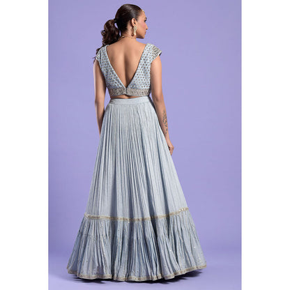 "Two Sisters" by Gyans Ice Blue & Silver Patra Blouse & Lehenga with Dupatta (Set of 3)