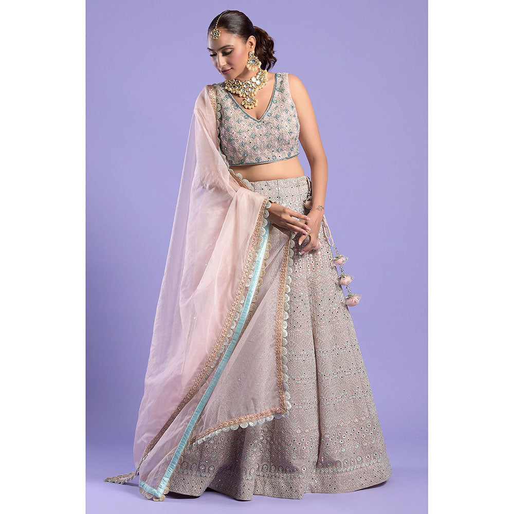 "Two Sisters" by Gyans Soft Pink & Blue Embellished Blouse & Lehenga with Dupatta (Set of 3)
