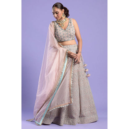 "Two Sisters" by Gyans Soft Pink & Blue Embellished Blouse & Lehenga with Dupatta (Set of 3)