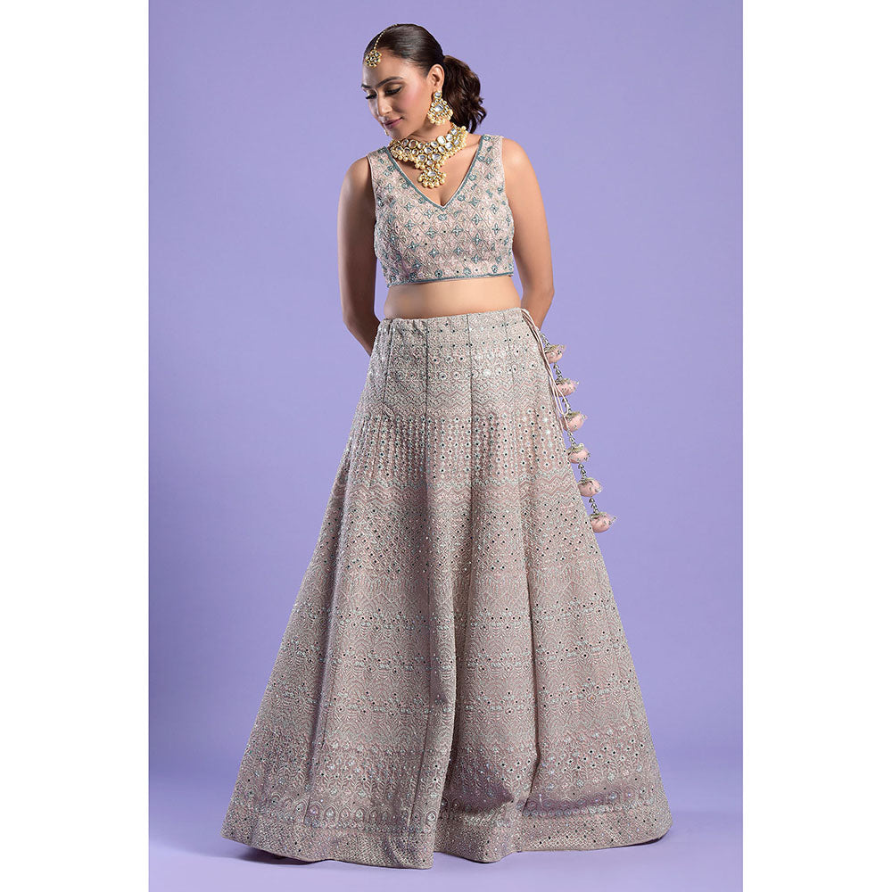 "Two Sisters" by Gyans Soft Pink & Blue Embellished Blouse & Lehenga with Dupatta (Set of 3)