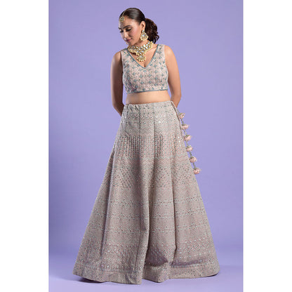 "Two Sisters" by Gyans Soft Pink & Blue Embellished Blouse & Lehenga with Dupatta (Set of 3)