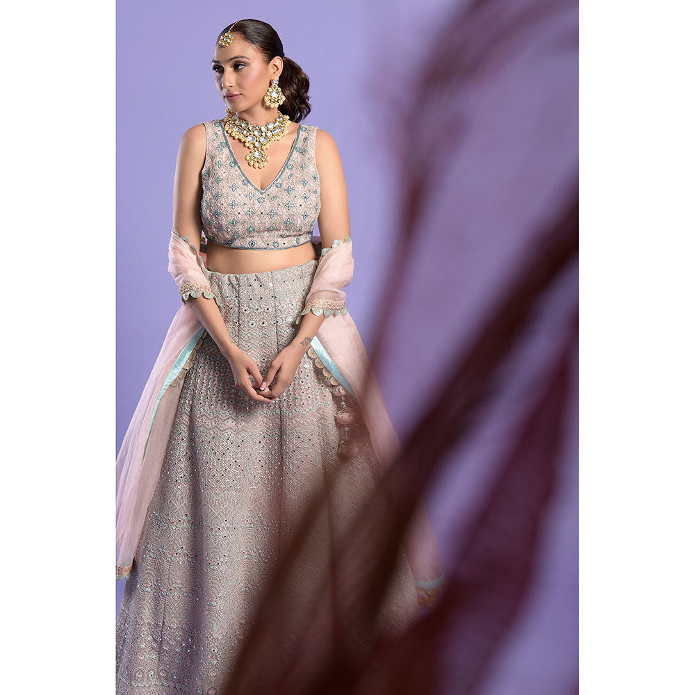 "Two Sisters" by Gyans Soft Pink & Blue Embellished Blouse & Lehenga with Dupatta (Set of 3)