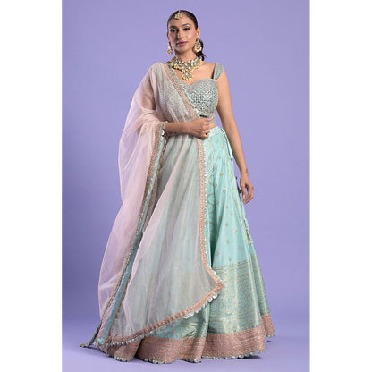 "Two Sisters" by Gyans Turquoise Embellished Banarasi Blouse & Lehenga with Dupatta (Set of 3)