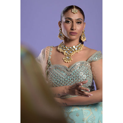 "Two Sisters" by Gyans Turquoise Embellished Banarasi Blouse & Lehenga with Dupatta (Set of 3)