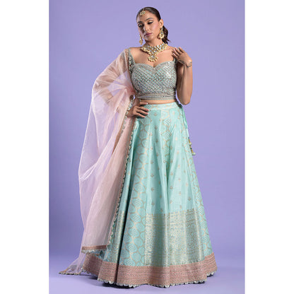 "Two Sisters" by Gyans Turquoise Embellished Banarasi Blouse & Lehenga with Dupatta (Set of 3)