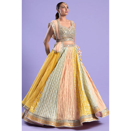 "Two Sisters" by Gyans Multi Foil Printed Blouse, Belt & Lehenga with Dupatta (Set of 4)