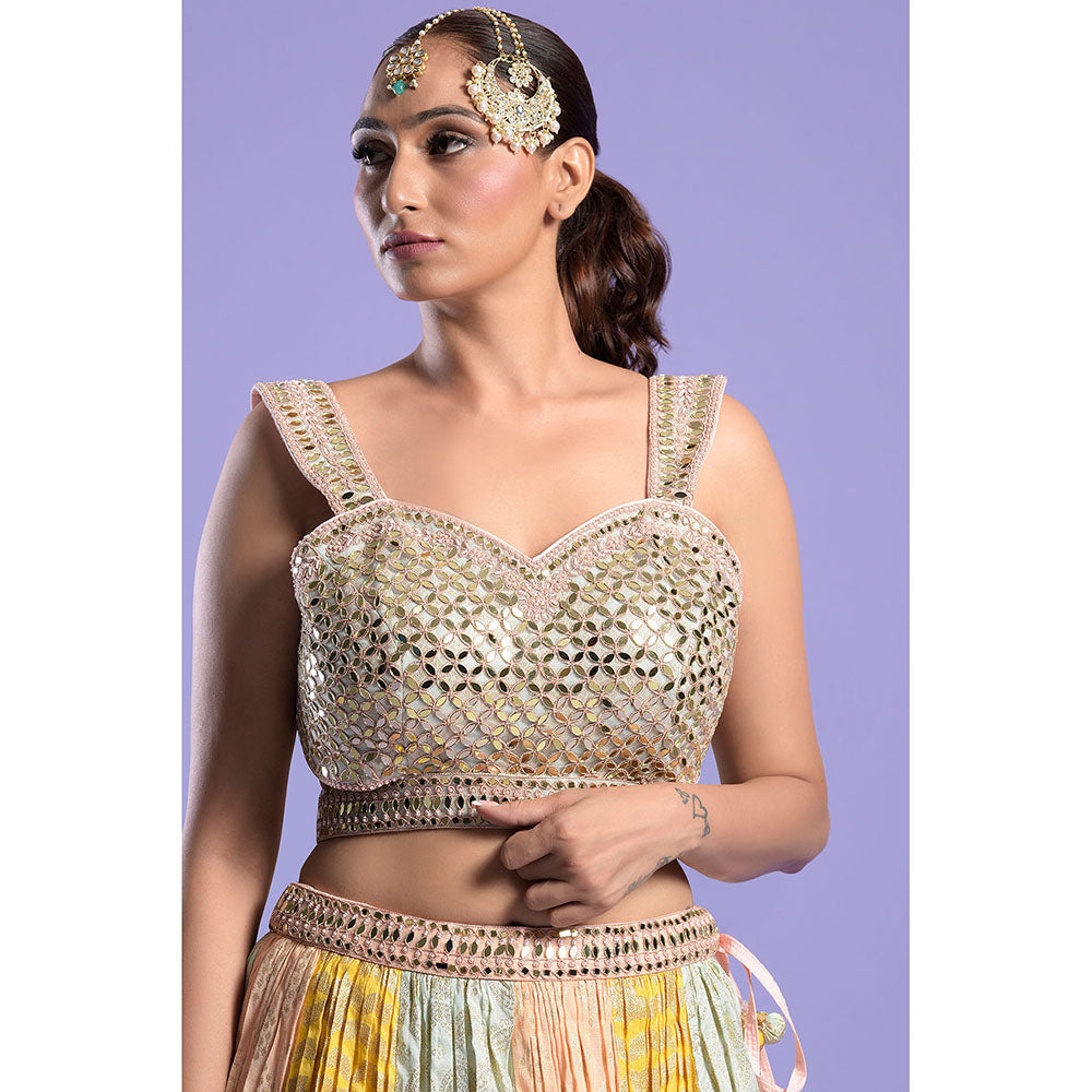 "Two Sisters" by Gyans Multi Foil Printed Blouse, Belt & Lehenga with Dupatta (Set of 4)