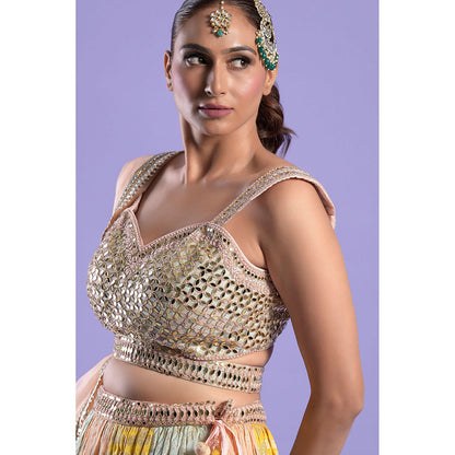 "Two Sisters" by Gyans Multi Foil Printed Blouse, Belt & Lehenga with Dupatta (Set of 4)