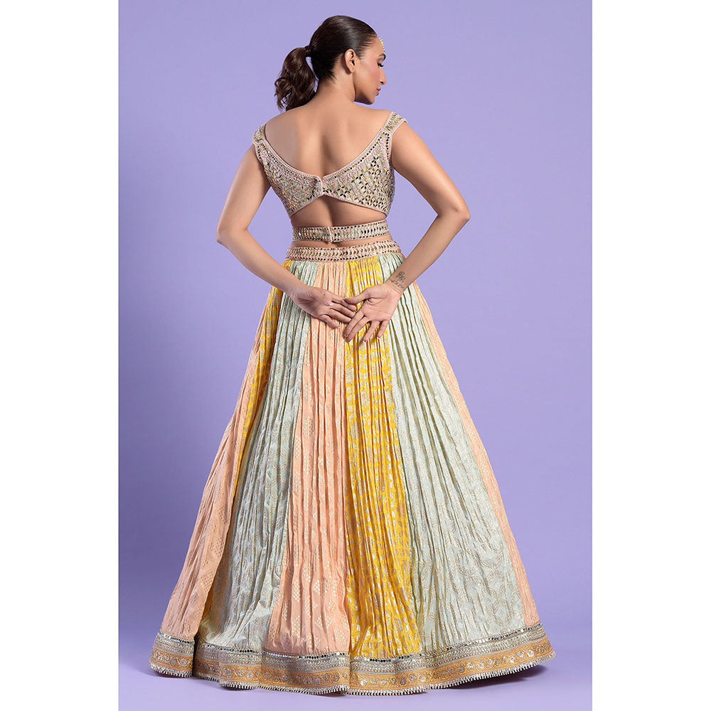 "Two Sisters" by Gyans Multi Foil Printed Blouse, Belt & Lehenga with Dupatta (Set of 4)