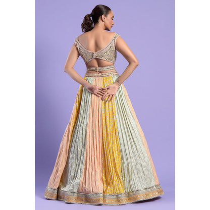 "Two Sisters" by Gyans Multi Foil Printed Blouse, Belt & Lehenga with Dupatta (Set of 4)