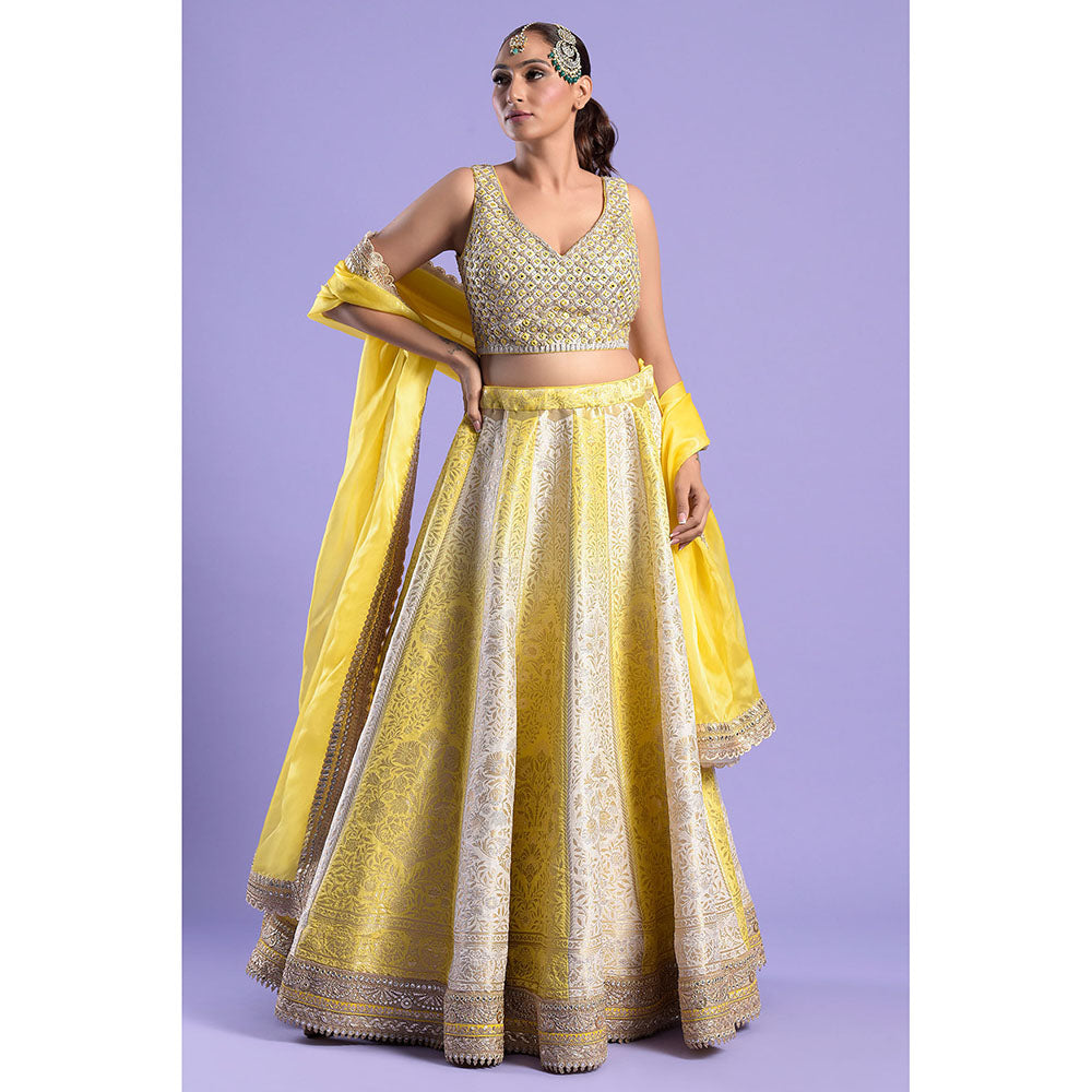 "Two Sisters" by Gyans Yellow & Ivory Mirror Work Blouse & Lehenga with Dupatta (Set of 3)