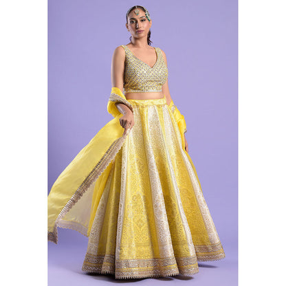 "Two Sisters" by Gyans Yellow & Ivory Mirror Work Blouse & Lehenga with Dupatta (Set of 3)