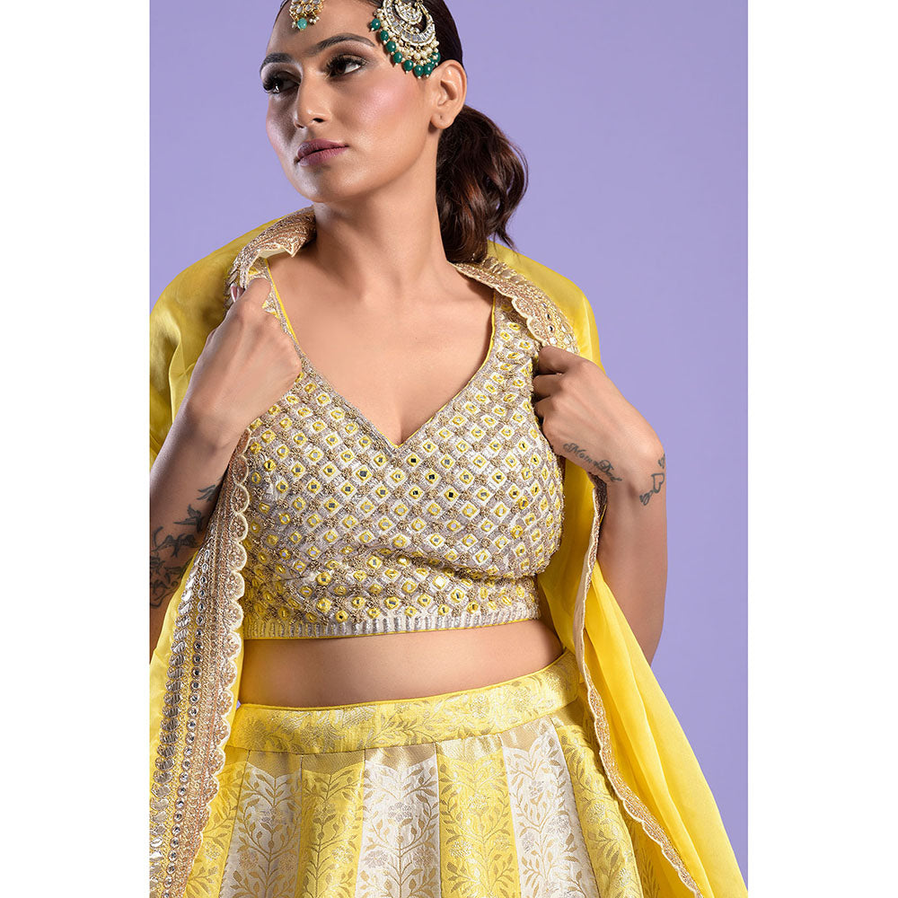 "Two Sisters" by Gyans Yellow & Ivory Mirror Work Blouse & Lehenga with Dupatta (Set of 3)