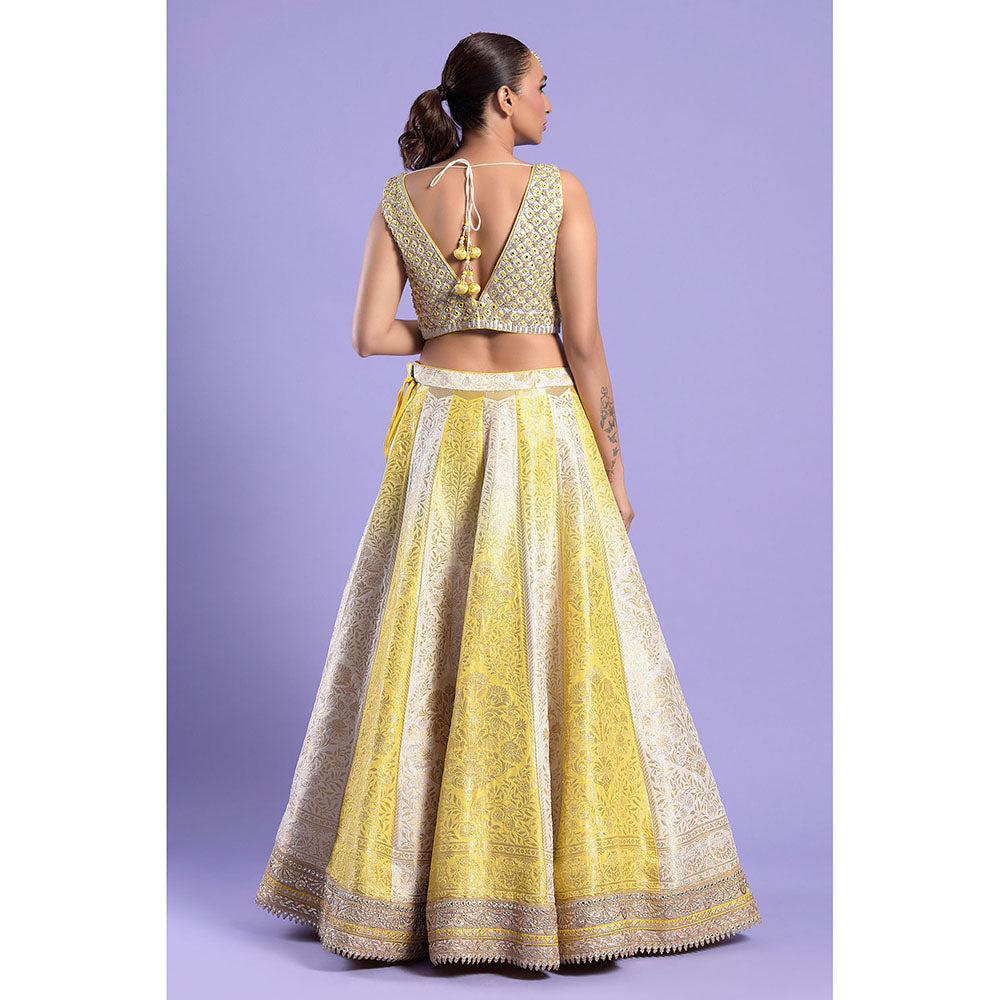 "Two Sisters" by Gyans Yellow & Ivory Mirror Work Blouse & Lehenga with Dupatta (Set of 3)