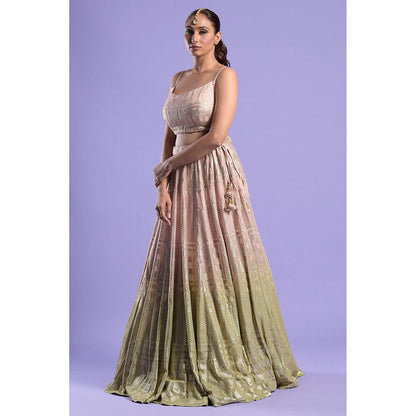 "Two Sisters" by Gyans Nude Pink Ombre Organza Blouse & Lehenga with Dupatta (Set of 3)