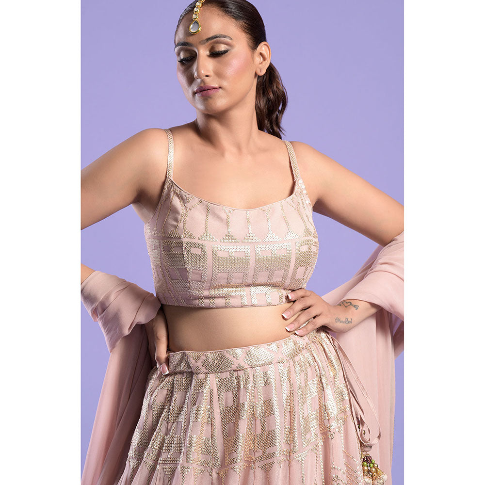 "Two Sisters" by Gyans Nude Pink Ombre Organza Blouse & Lehenga with Dupatta (Set of 3)