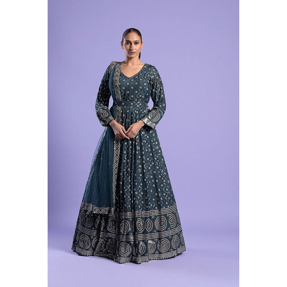 "Two Sisters" by Gyans Teal Silk Printed And Anarkali Kurta & Dupatta with Belt (Set of 3)