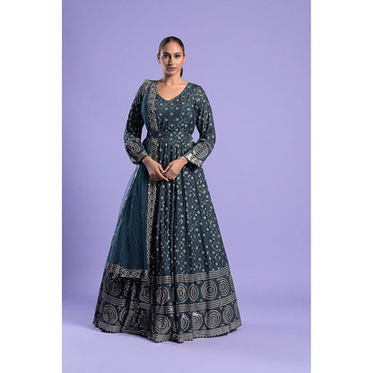 "Two Sisters" by Gyans Teal Silk Printed And Anarkali Kurta & Dupatta with Belt (Set of 3)