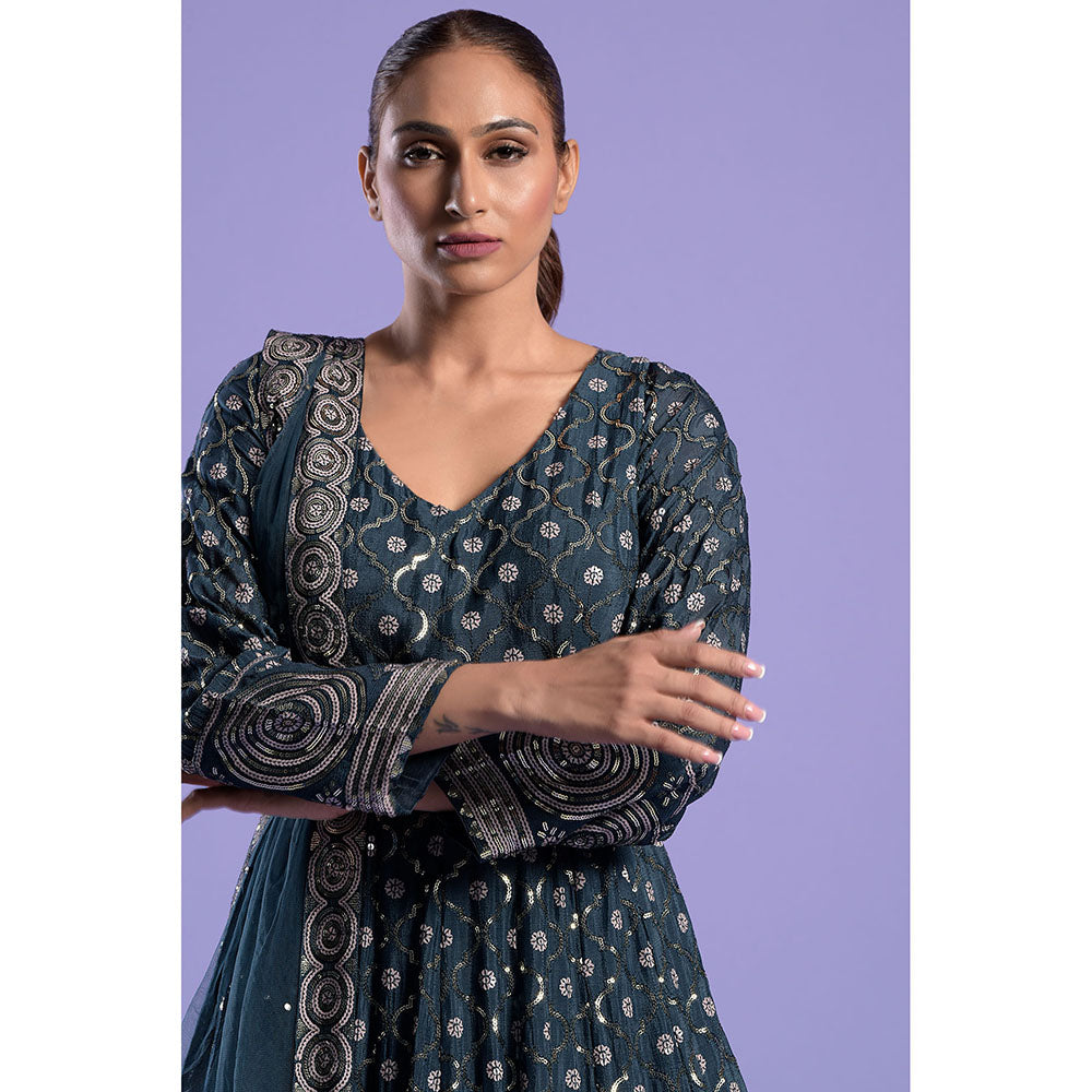 "Two Sisters" by Gyans Teal Silk Printed And Anarkali Kurta & Dupatta with Belt (Set of 3)