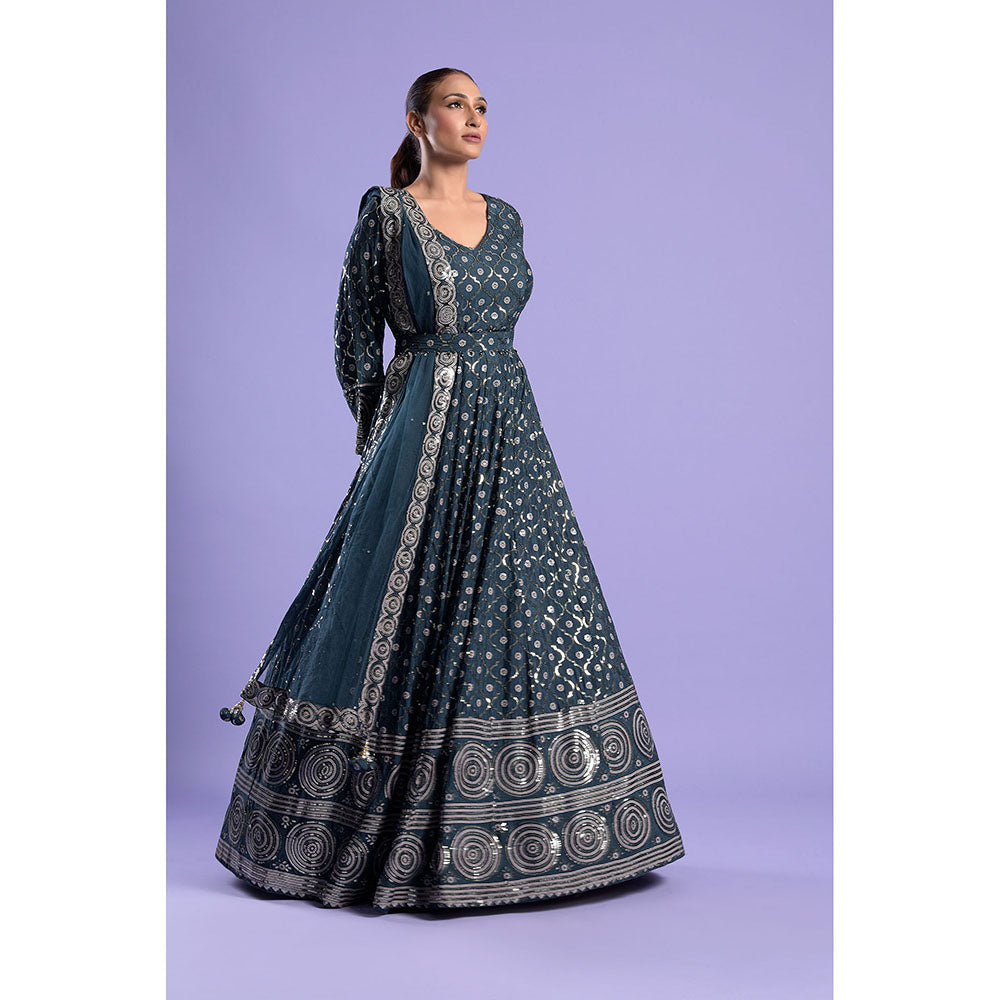 "Two Sisters" by Gyans Teal Silk Printed And Anarkali Kurta & Dupatta with Belt (Set of 3)
