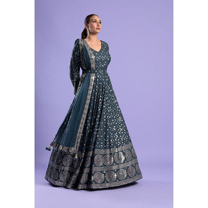 "Two Sisters" by Gyans Teal Silk Printed And Anarkali Kurta & Dupatta with Belt (Set of 3)