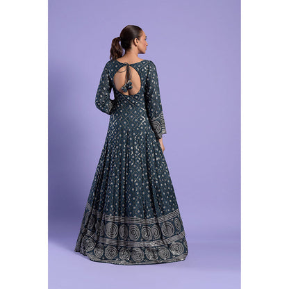 "Two Sisters" by Gyans Teal Silk Printed And Anarkali Kurta & Dupatta with Belt (Set of 3)