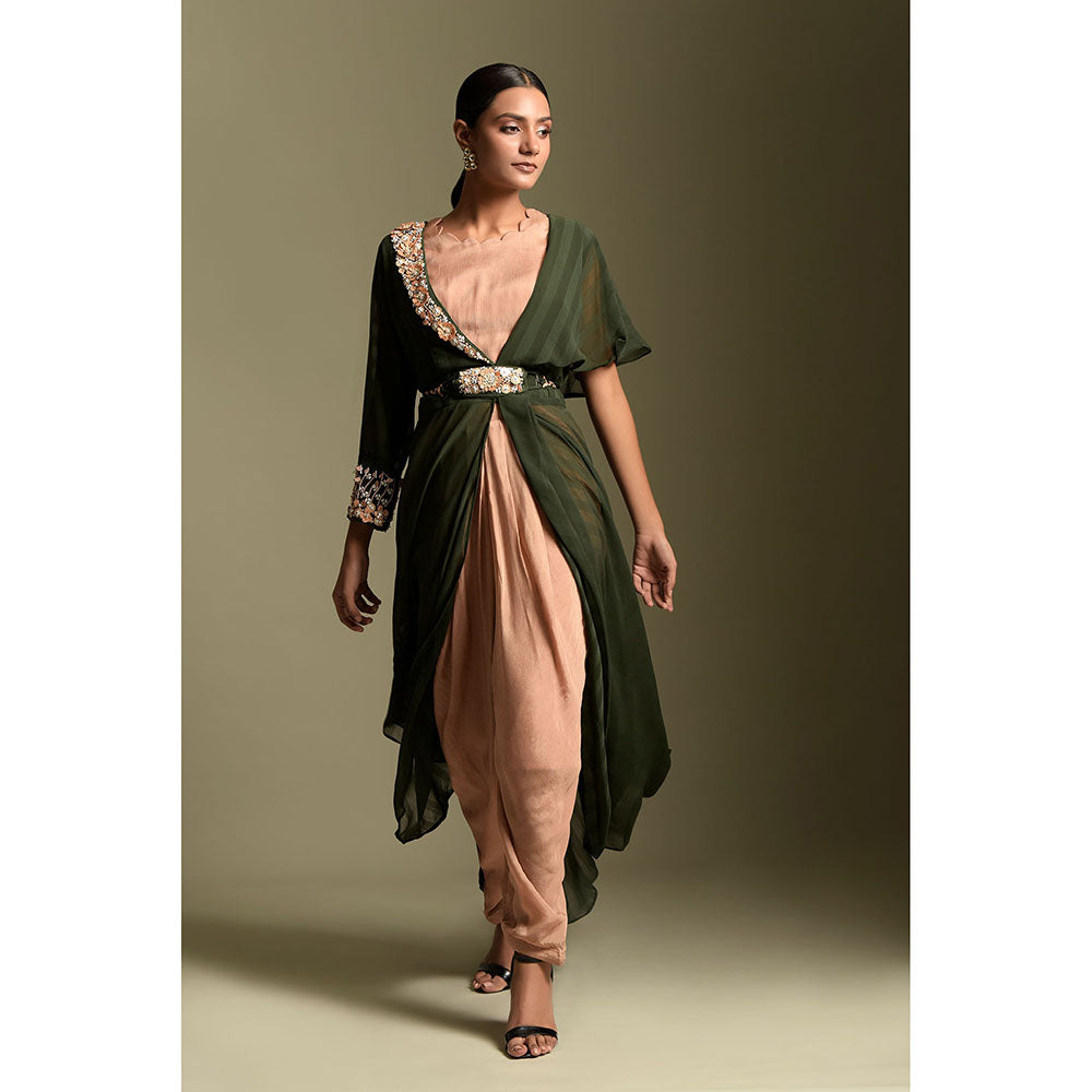 "Two Sisters" by Gyans Olive Green Chiffon Jacket with Kurta, Dhoti Pant & Belt (Set of 4)