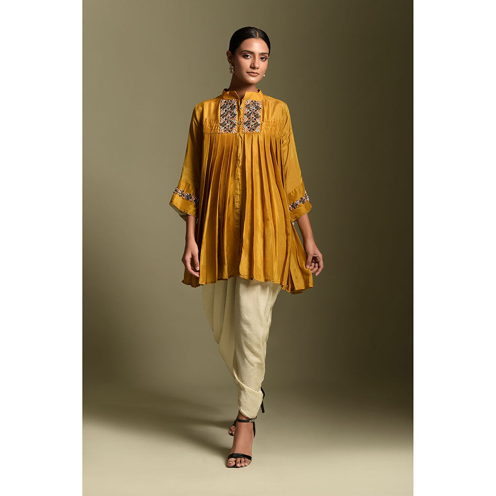 "Two Sisters" by Gyans Mustard Crepe Tunic with Cowled Pant (Set of 2)
